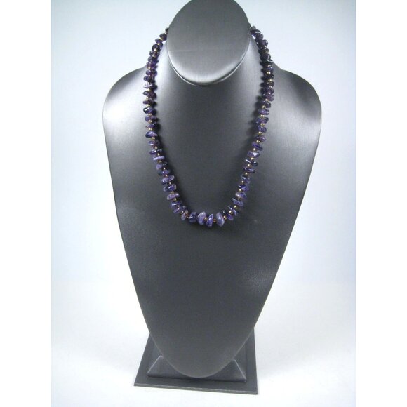 Amethyst Stone Chip Gold Beaded Necklace Purple Jewelry 21 Inch Boho Chic Style - Picture 5 of 9